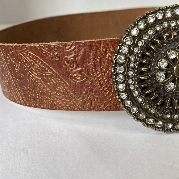 Fossil Womens Brown Gold Leather Tooled Belt Brass Floral Medallion Buckle sz M - Picture 5 of 12